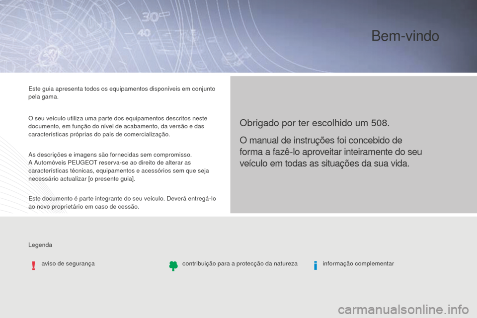 Peugeot 508 RXH 2016 Manual do proprietário (in Portuguese) Legenda Este guia apresenta todos os equipamentos disponíveis em conjunto
pela gama.
O seu veículo utiliza uma parte dos equipamentos descritos neste
documento, em função do nível de acabamento Peugeot 508 RXH 2016 Manual do proprietário (in Portuguese) Legenda Este guia apresenta todos os equipamentos disponíveis em conjunto
pela gama.
O seu veículo utiliza uma parte dos equipamentos descritos neste
documento, em função do nível de acabamento