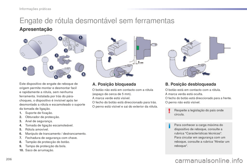 Peugeot 508 RXH 2016  Manual do proprietário (in Portuguese) 206
508_pt_Chap07_info-pratiques_ed01-2016
508_pt_Chap07_info-pratiques_ed01-2016
Engate de rótula desmontável sem ferramentas
Apresentação
Este dispositivo de engate de reboque de 
origem permite