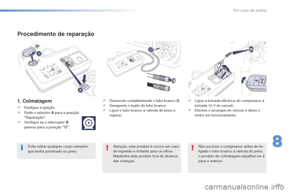 Peugeot 508 RXH 2016 Manual do proprietário (in Portuguese) 231
508_pt_Chap08_en-cas-de-pannes_ed01-2016
Procedimento de reparação
1. ColmatagemF Desenrole completamente o tubo branco G.
F D esaperte o bujão do tubo branco.
F
L
igue o tubo branco à vá Peugeot 508 RXH 2016 Manual do proprietário (in Portuguese) 231
508_pt_Chap08_en-cas-de-pannes_ed01-2016
Procedimento de reparação
1. ColmatagemF Desenrole completamente o tubo branco G.
F D esaperte o bujão do tubo branco.
F
L
igue o tubo branco à vá