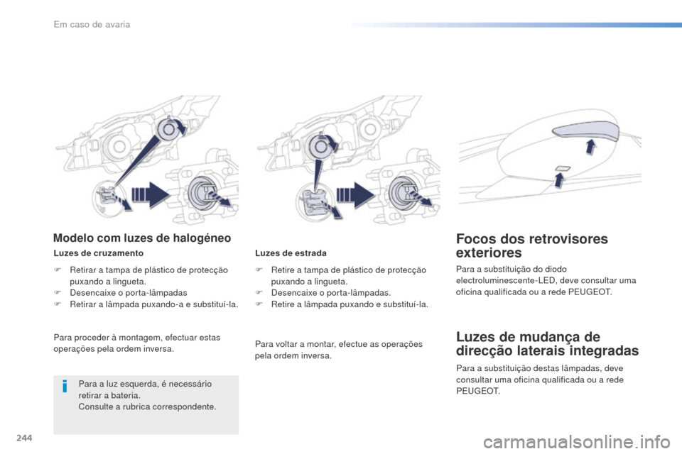 Peugeot 508 RXH 2016 Manual do proprietário (in Portuguese) 244
508_pt_Chap08_en-cas-de-pannes_ed01-2016
Luzes de estrada
F
R
etire a tampa de plástico de protecção
puxando a lingueta.
F
D
esencaixe o porta-lâmpadas.
F
R
etire a lâmpada puxando e Peugeot 508 RXH 2016 Manual do proprietário (in Portuguese) 244
508_pt_Chap08_en-cas-de-pannes_ed01-2016
Luzes de estrada
F
R
etire a tampa de plástico de protecção
puxando a lingueta.
F
D
esencaixe o porta-lâmpadas.
F
R
etire a lâmpada puxando e