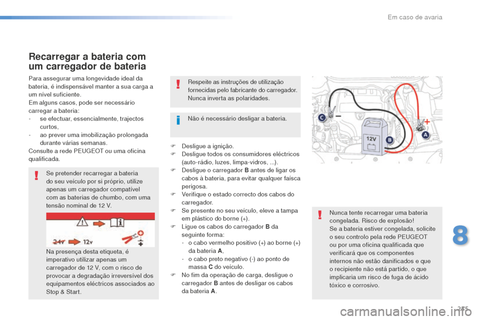 Peugeot 508 RXH 2016 Manual do proprietário (in Portuguese) 255
508_pt_Chap08_en-cas-de-pannes_ed01-2016
Respeite as instruções de utilização
fornecidas pelo fabricante do carregador.
Nunca inverta as polaridades.
Para assegurar uma longevidade ideal da
Peugeot 508 RXH 2016 Manual do proprietário (in Portuguese) 255
508_pt_Chap08_en-cas-de-pannes_ed01-2016
Respeite as instruções de utilização
fornecidas pelo fabricante do carregador.
Nunca inverta as polaridades.
Para assegurar uma longevidade ideal da