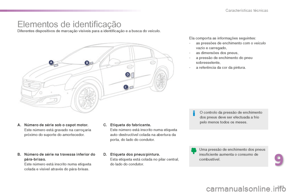 Peugeot 508 RXH 2016  Manual do proprietário (in Portuguese) 273
508_pt_Chap09_caracteristiques-techniques_ed01-2016
Elementos de identificaçãoDiferentes dispositivos de marcação visíveis para a identificação e a busca do veículo.
A.
 N
úmero de série