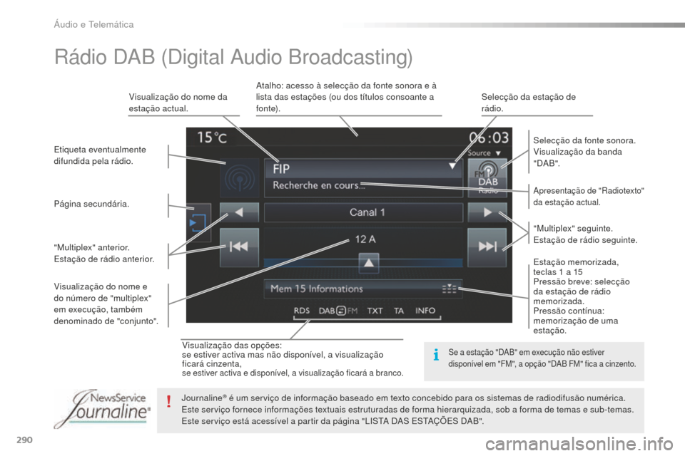 Peugeot 508 RXH 2016  Manual do proprietário (in Portuguese) 290
508_pt_Chap10c_SMEGplus_ed01-2016
Visualização das opções:
se estiver activa mas não disponível, a visualização 
ficará cinzenta,
se estiver activa e disponível, a visualização ficará