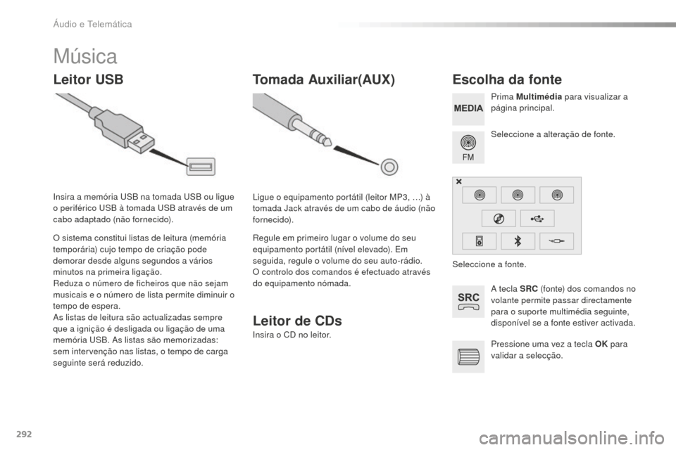 Peugeot 508 RXH 2016  Manual do proprietário (in Portuguese) 292
508_pt_Chap10c_SMEGplus_ed01-2016
Música
Leitor USBEscolha da fonte
A tecla SRC (fonte) dos comandos no 
volante permite passar directamente 
para o suporte multimédia seguinte, 
disponível se 