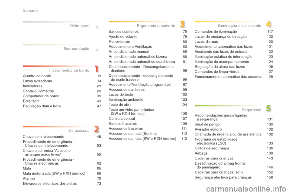 Peugeot 508 RXH 2016  Manual do proprietário (in Portuguese) .
.
508_pt_Chap00a_sommaire_ed01-2016
Quadro de bordo 13
Luzes avisadoras
 1
 4
Indicadores
 

29
Conta-quilómetros
 2

9
Computador de bordo
 
3
 9
Ecrã táctil
 4

3
Regulação data e hora
 
4
 7