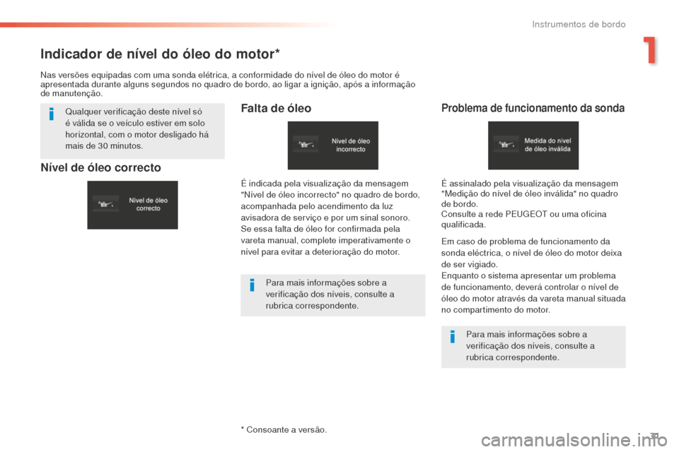 Peugeot 508 RXH 2016  Manual do proprietário (in Portuguese) 31
508 _ pt _Chap01_instrument-bord_ed01-2016
Indicador de nível do óleo do motor*
Falta de óleoProblema de funcionamento da sonda
Em caso de problema de funcionamento da 
sonda eléctrica, o níve