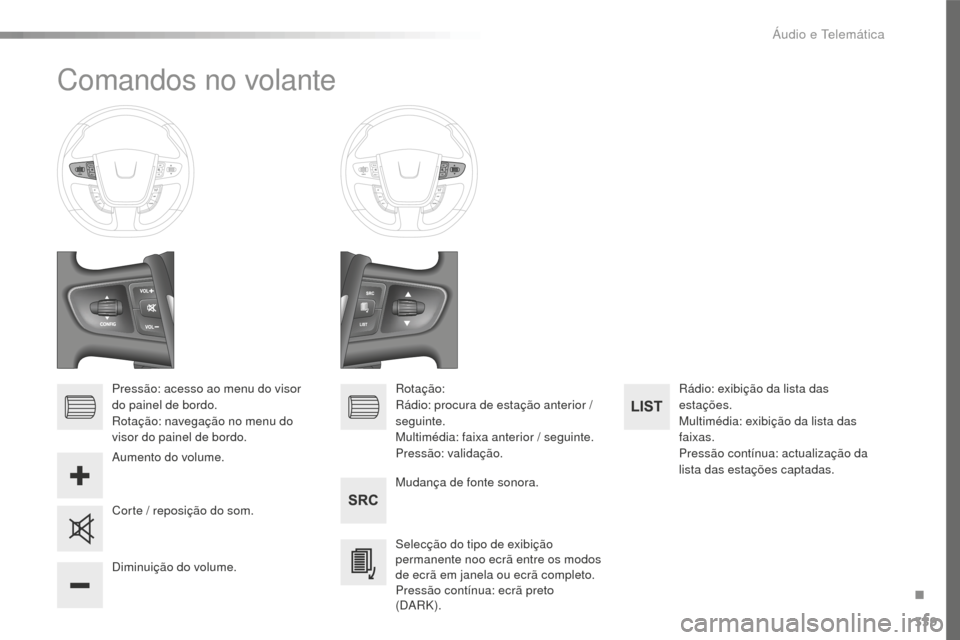 Peugeot 508 RXH 2016 Manual do proprietário (in Portuguese) 339
508_pt_Chap10d_RD5_ed01-2016
Comandos no volante
Pressão: acesso ao menu do visor
do painel de bordo.
Rotação: navegação no menu do
visor do painel de bordo.Mudança de fonte sonora.
Selec Peugeot 508 RXH 2016 Manual do proprietário (in Portuguese) 339
508_pt_Chap10d_RD5_ed01-2016
Comandos no volante
Pressão: acesso ao menu do visor
do painel de bordo.
Rotação: navegação no menu do
visor do painel de bordo.Mudança de fonte sonora.
Selec