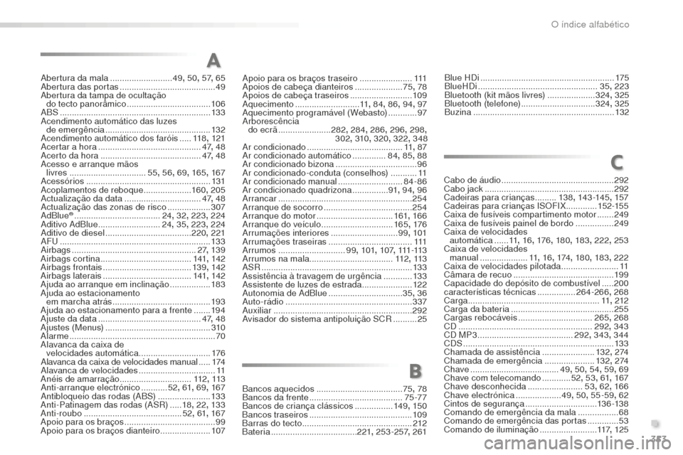 Peugeot 508 RXH 2016  Manual do proprietário (in Portuguese) 353
508_pt_Chap11_index-alpha_ed01-2016
Abertura da mala ..........................49,  50, 57 , 65
Abertura das portas  ........................................ 49
Abertura da tampa de ocultação   