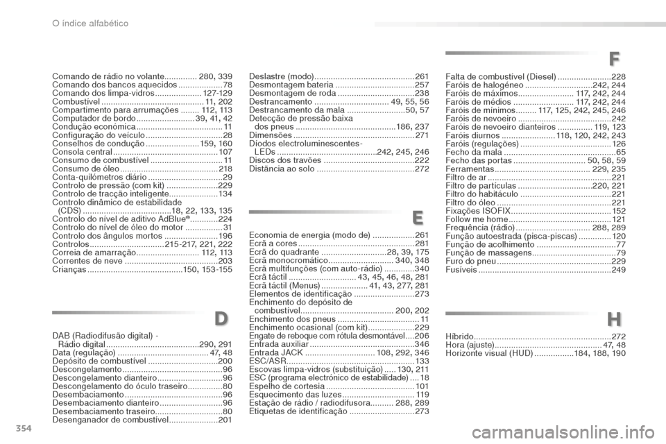 Peugeot 508 RXH 2016  Manual do proprietário (in Portuguese) 354
508_pt_Chap11_index-alpha_ed01-2016
Falta de combustível (Diesel) .......................228
Faróis de halogéneo  .............................242, 244
Faróis de máximos
  ...................