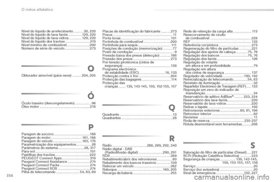 Peugeot 508 RXH 2016  Manual do proprietário (in Portuguese) 356
508_pt_Chap11_index-alpha_ed01-2016
Nível do líquido de arrefecimento ...........3 0, 220
Nível do líquido do lava-faróis  ..............12
9, 220
Nível do líquido do lava-vidros...........