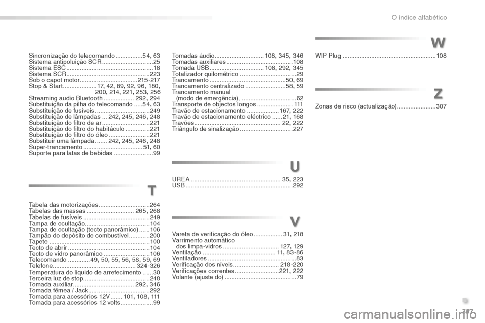 Peugeot 508 RXH 2016  Manual do proprietário (in Portuguese) 357
508_pt_Chap11_index-alpha_ed01-2016
Sincronização do telecomando ................54, 63
Sistema antipoluição SCR .............................. 25
S
istema ESC
 ...............................