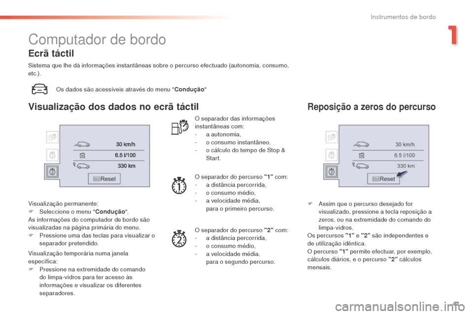 Peugeot 508 RXH 2016  Manual do proprietário (in Portuguese) 41
508 _ pt _Chap01_instrument-bord_ed01-2016
Computador de bordo
Os dados são acessíveis através do menu "Condução"
Visualização permanente:
F
 
Sel

eccione o menu " Condução".
As informaç