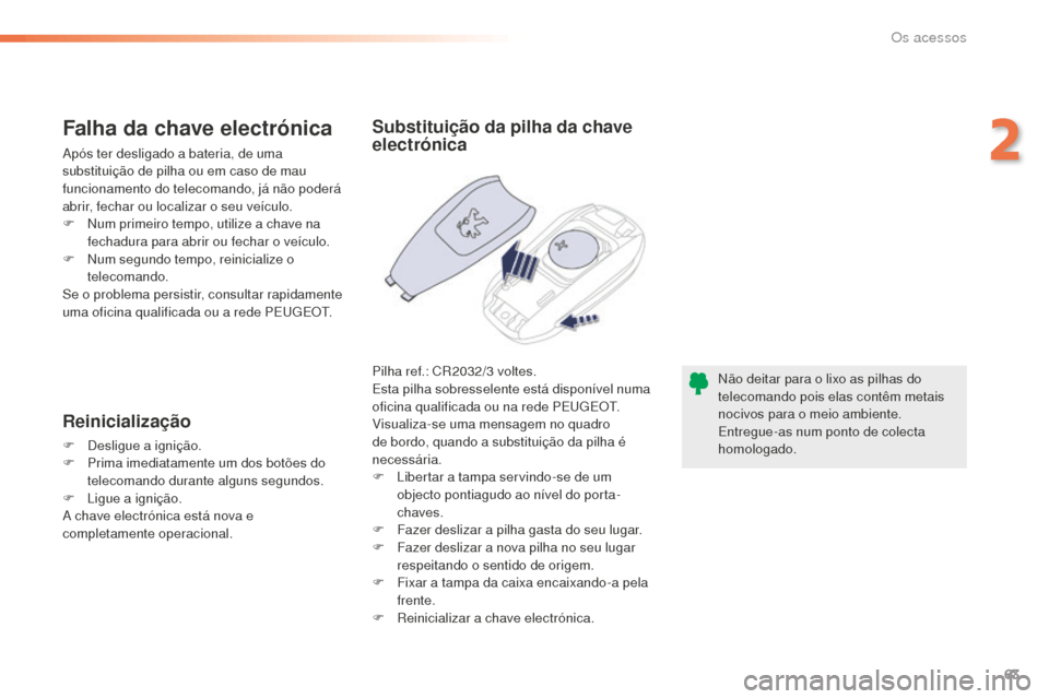 Peugeot 508 RXH 2016  Manual do proprietário (in Portuguese) 63
508_pt_Chap02_ouvertures_ed01-2016
Não deitar para o lixo as pilhas do 
telecomando pois elas contêm metais 
nocivos para o meio ambiente.
Entregue-as num ponto de colecta 
homologado.
Substitui�