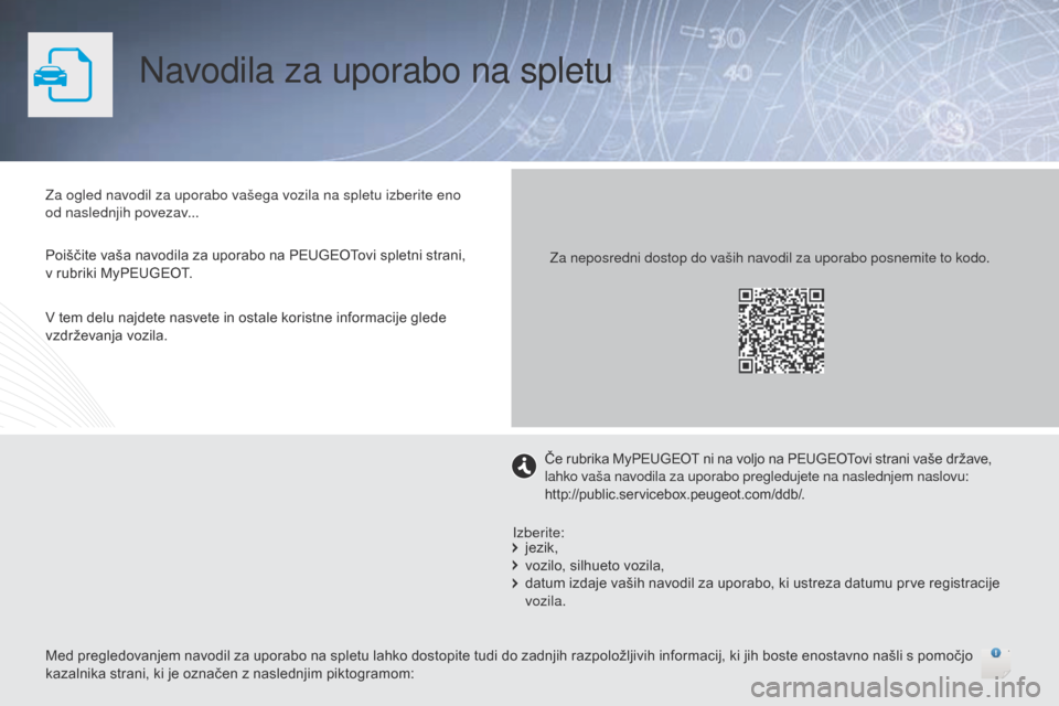 Peugeot 508 RXH 2016  Priročnik za lastnika (in Slovenian) Navodila za uporabo na spletu
Za ogled navodil za uporabo vašega vozila na spletu izberite eno 
od naslednjih povezav...
Poiščite vaša navodila za uporabo na PEUGEOTovi spletni strani, 
v rubriki 