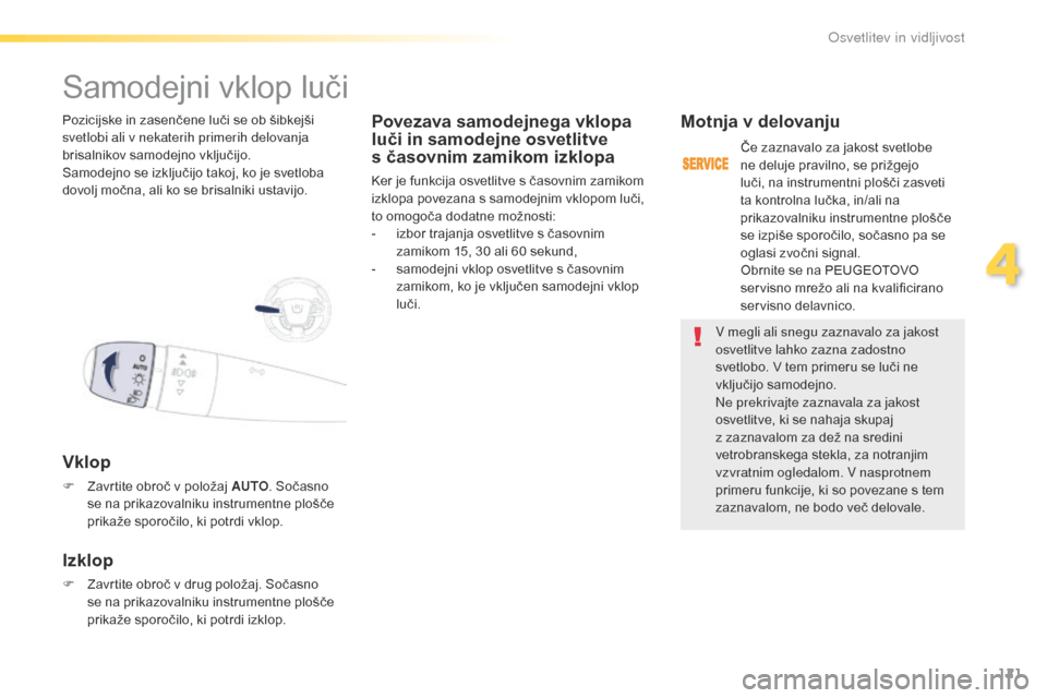 Peugeot 508 RXH 2016 Priročnik za lastnika (in Slovenian) 121
508_sl_Chap04_eclairage-et-visibilite_ed01-2016
V megli ali snegu zaznavalo za jakost
osvetlitve lahko zazna zadostno
svetlobo. V tem primeru se luči ne
vključijo samodejno.
Ne prekrivajte za Peugeot 508 RXH 2016 Priročnik za lastnika (in Slovenian) 121
508_sl_Chap04_eclairage-et-visibilite_ed01-2016
V megli ali snegu zaznavalo za jakost
osvetlitve lahko zazna zadostno
svetlobo. V tem primeru se luči ne
vključijo samodejno.
Ne prekrivajte za