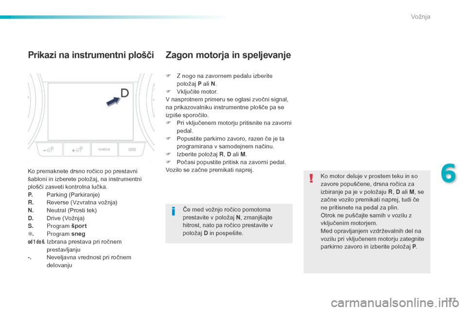 Peugeot 508 RXH 2016  Priročnik za lastnika (in Slovenian) 177
508_sl_Chap06_conduite_ed01-2016
Prikazi na instrumentni plošči
Ko premaknete drsno ročico po prestavni 
šabloni in izberete položaj, na instrumentni 
plošči zasveti kontrolna lučka.
P.
 P