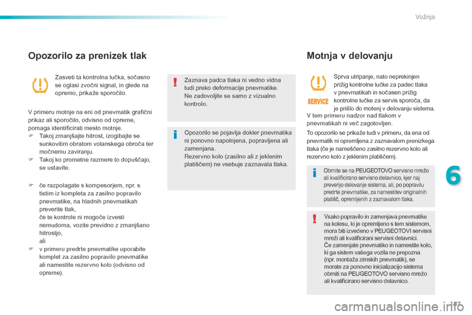 Peugeot 508 RXH 2016 Priročnik za lastnika (in Slovenian) 187
508_sl_Chap06_conduite_ed01-2016
Zaznava padca tlaka ni vedno vidna
tudi preko deformacije pnevmatike.
Ne zadovoljite se samo z vizualno
kontrolo.
Opozorilo se pojavlja dokler pnevmatika
ni pon Peugeot 508 RXH 2016 Priročnik za lastnika (in Slovenian) 187
508_sl_Chap06_conduite_ed01-2016
Zaznava padca tlaka ni vedno vidna
tudi preko deformacije pnevmatike.
Ne zadovoljite se samo z vizualno
kontrolo.
Opozorilo se pojavlja dokler pnevmatika
ni pon