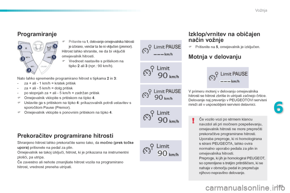 Peugeot 508 RXH 2016  Priročnik za lastnika (in Slovenian) 189
508_sl_Chap06_conduite_ed01-2016
F Pritisnite na 1, delovanje omejevalnika hitrosti 
je izbrano, vendar ta še ni vključen (premor).
Hitrost lahko shranite, ne da bi vključili 
omejevalnik hitro