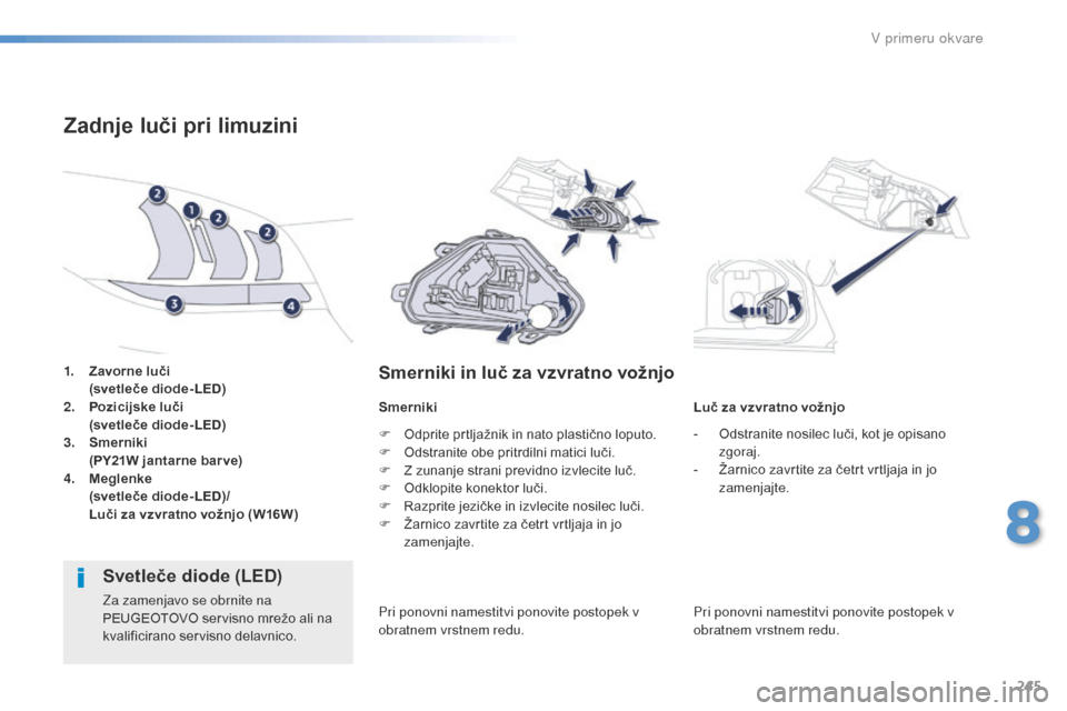 Peugeot 508 RXH 2016  Priročnik za lastnika (in Slovenian) 245
508_sl_Chap08_en-cas-de-pannes_ed01-2016
1. Zavorne luči 
   ( svetleče diode-LED)
2.
 P

ozicijske luči  
 
 
(
 svetleče diode-LED)
3.
 S

merniki  
 
 
(
 PY21W jantarne bar ve)
4.
 M

egle