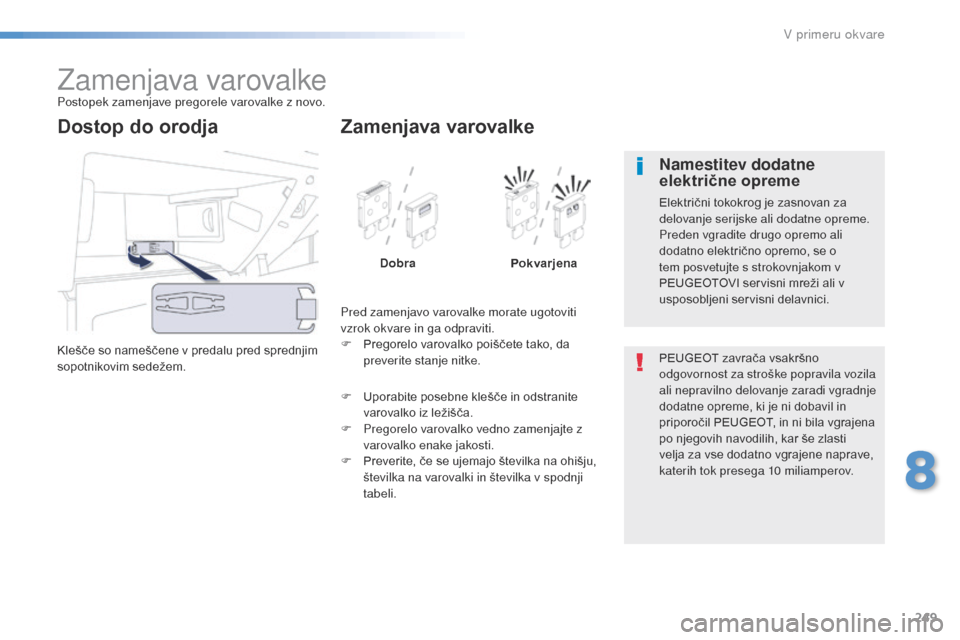 Peugeot 508 RXH 2016  Priročnik za lastnika (in Slovenian) 249
508_sl_Chap08_en-cas-de-pannes_ed01-2016
Zamenjava varovalkePostopek zamenjave pregorele varovalke z novo.
Klešče so nameščene v predalu pred sprednjim 
sopotnikovim sedežem.
Dostop do orodja