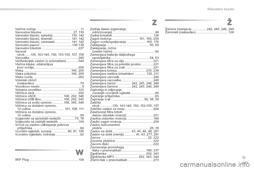 Peugeot 508 RXH 2016 Priročnik za lastnika (in Slovenian) 357
508_sl_Chap11_index-alpha_ed01-2016
Varčna vožnja ................................................. 11
Varnostne blazine ................................... 27, 139
Varnostni blazini, sprednji
Peugeot 508 RXH 2016 Priročnik za lastnika (in Slovenian) 357
508_sl_Chap11_index-alpha_ed01-2016
Varčna vožnja ................................................. 11
Varnostne blazine ................................... 27, 139
Varnostni blazini, sprednji