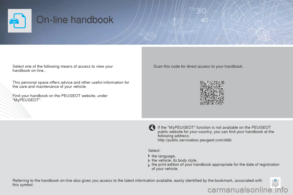 Peugeot 508 RXH 2014 Owners Manual On-line handbook
Select one of the following means of access to view your
handbook on-line...
Referring to the handbook on-line also gives you access to the latest information available, easily ident Peugeot 508 RXH 2014 Owners Manual On-line handbook
Select one of the following means of access to view your
handbook on-line...
Referring to the handbook on-line also gives you access to the latest information available, easily ident