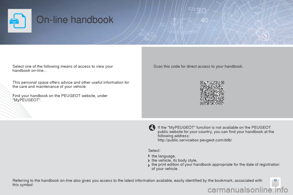 Peugeot 508 RXH 2014  Owners Manual On-line handbook
Select one of the following means of access to view your 
handbook on-line...
Referring to the handbook on-line also gives you access to the latest information available, easily ident