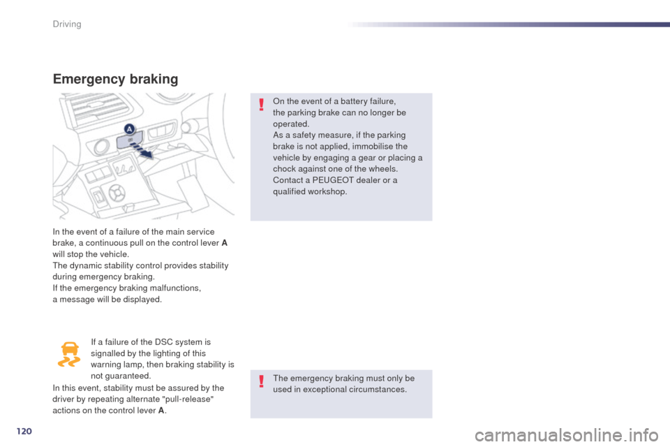 Peugeot 508 RXH 2014  Owners Manual 120
508RXH_en_Chap04_conduite_ed01-2014
Emergency braking
In the event of a failure of the main service 
brake, a continuous pull on the control lever A 
will stop the vehicle.
th
e dynamic stability 