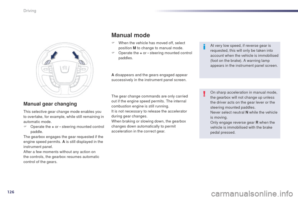 Peugeot 508 RXH 2014  Owners Manual 126
508RXH_en_Chap04_conduite_ed01-2014
Manual gear changing
F When the vehicle has moved off, select position M to change to manual mode.
F
 
O
 perate the + or - steering mounted control 
paddles. A