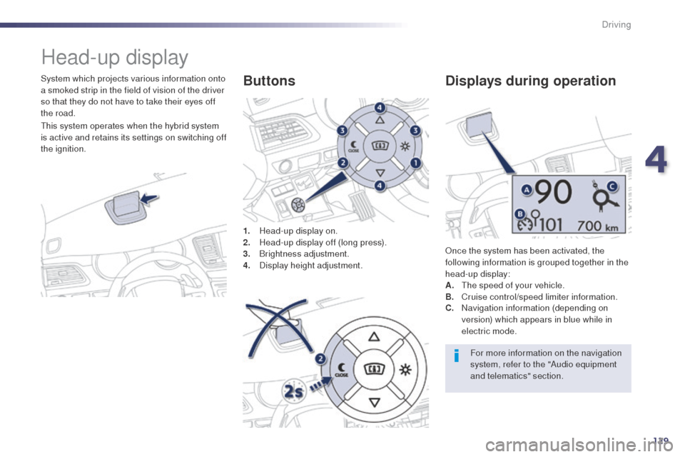 Peugeot 508 RXH 2014  Owners Manual 129
508RXH_en_Chap04_conduite_ed01-2014
Head-up display
System which projects various information onto 
a smoked strip in the field of vision of the driver 
so that they do not have to take their eyes