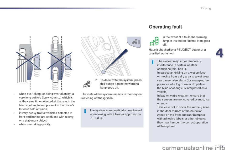 Peugeot 508 RXH 2014  Owners Manual 133
508RXH_en_Chap04_conduite_ed01-2014
- when overtaking (or being overtaken by) a very long vehicle (lorry, coach...) which is 
at the same time detected at the rear in the 
blind spot angle and pre