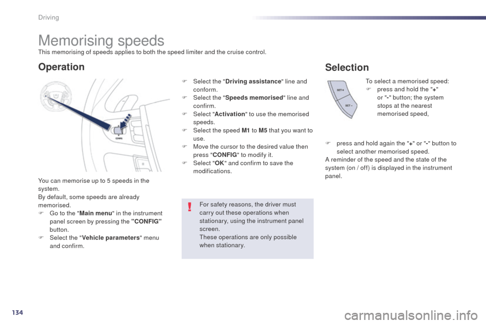 Peugeot 508 RXH 2014 Owners Manual 134
508RXH_en_Chap04_conduite_ed01-2014
Memorising speeds
You can memorise up to 5 speeds in the
system.
By default, some speeds are already
memorised.
F g
o t
o the "Main menu " in the instrument Peugeot 508 RXH 2014 Owners Manual 134
508RXH_en_Chap04_conduite_ed01-2014
Memorising speeds
You can memorise up to 5 speeds in the
system.
By default, some speeds are already
memorised.
F g
o t
o the "Main menu " in the instrument
