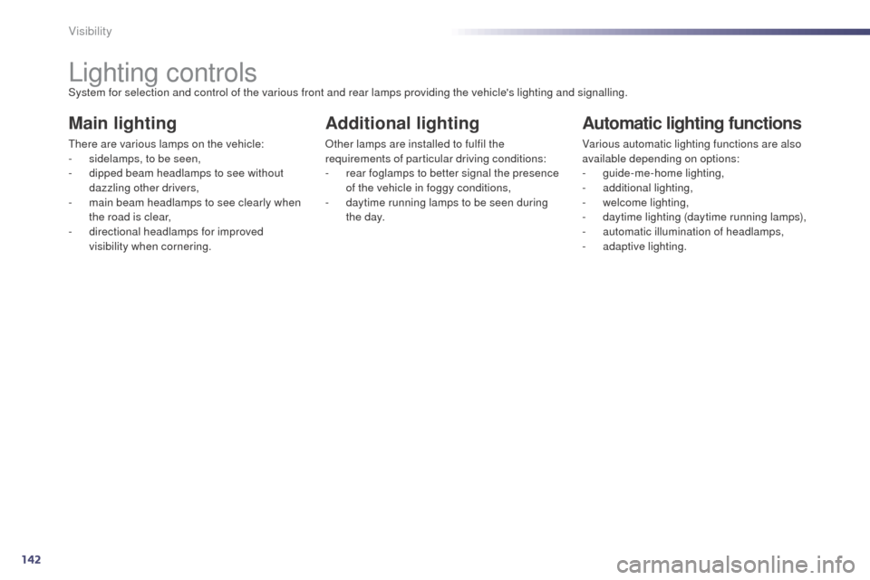 Peugeot 508 RXH 2014 Owners Manual 142
508RXH_en_Chap05_visibilite_ed01-2014
Lighting controlsSystem for selection and control of the various front and rear lamps providing the vehicles lighting and signalling.
Main lighting
there are Peugeot 508 RXH 2014 Owners Manual 142
508RXH_en_Chap05_visibilite_ed01-2014
Lighting controlsSystem for selection and control of the various front and rear lamps providing the vehicles lighting and signalling.
Main lighting
there are
