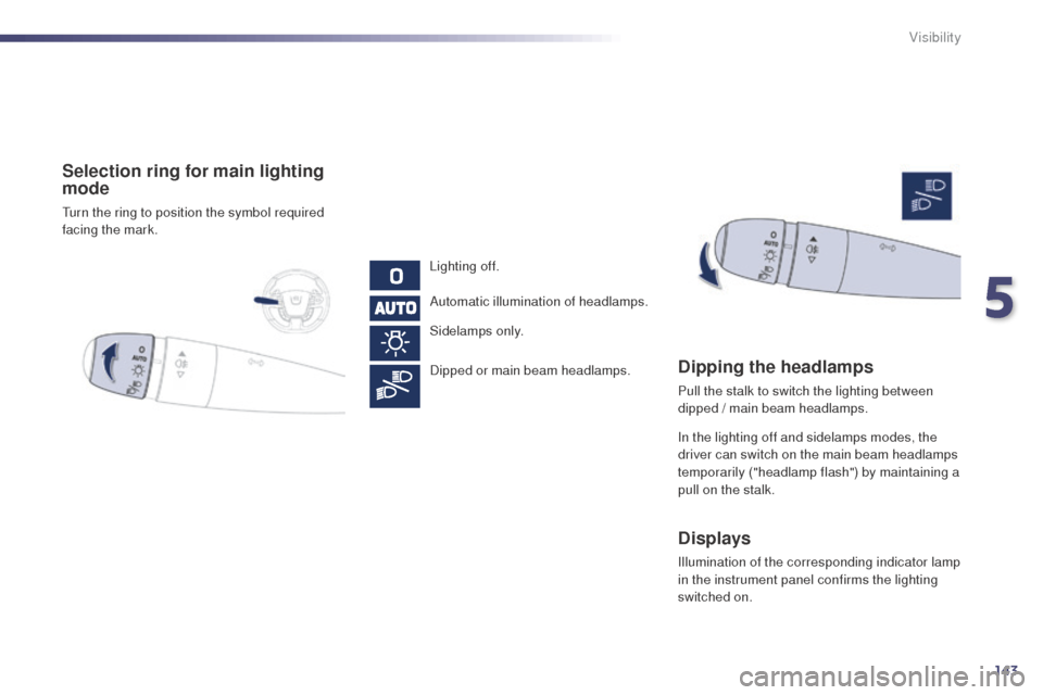 Peugeot 508 RXH 2014 Owners Manual 143
508RXH_en_Chap05_visibilite_ed01-2014
Selection ring for main lighting
mode
turn the ring to position the symbol required
facing the mark.Lighting off.
Automatic illumination of headlamps.
Sidel Peugeot 508 RXH 2014 Owners Manual 143
508RXH_en_Chap05_visibilite_ed01-2014
Selection ring for main lighting
mode
turn the ring to position the symbol required
facing the mark.Lighting off.
Automatic illumination of headlamps.
Sidel