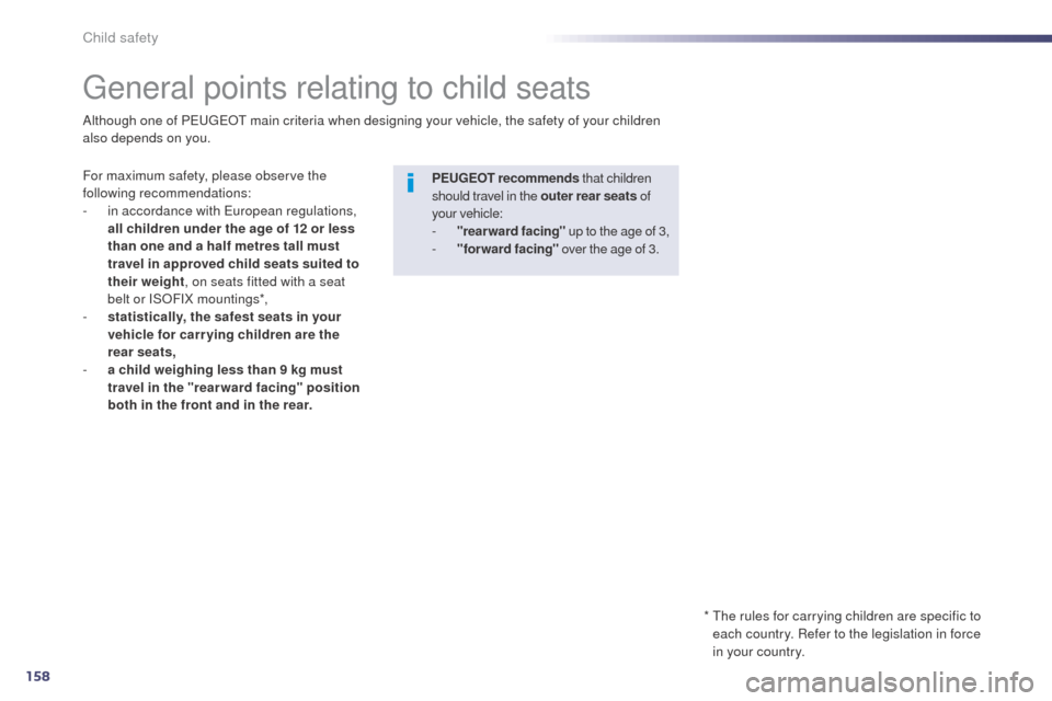 Peugeot 508 RXH 2014  Owners Manual 158
508RXH_en_Chap06_securite-enfants_ed01-2014
general points relating to child seats
For maximum safety, please observe the 
following recommendations:
- 
i
 n accordance with  e
u
 ropean regulatio