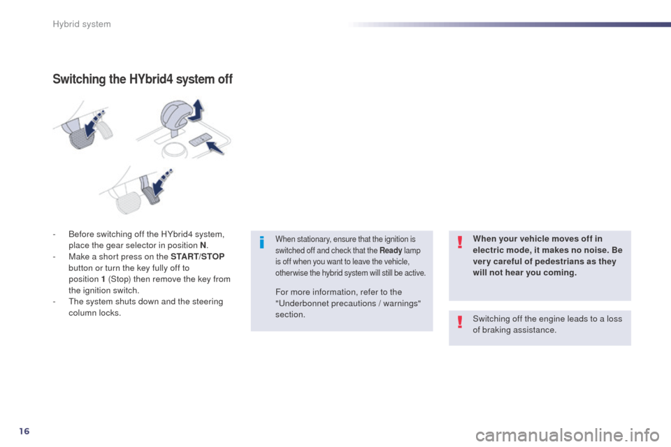 Peugeot 508 RXH 2014 User Guide 16
508RXH_en_Chap00c_systeme-hybride_ed01-2014
- Before switching off the HYbrid4 system, place the gear selector in position N .
-
 
M
 ake a short press on the START/STOP  
button or turn the key fu