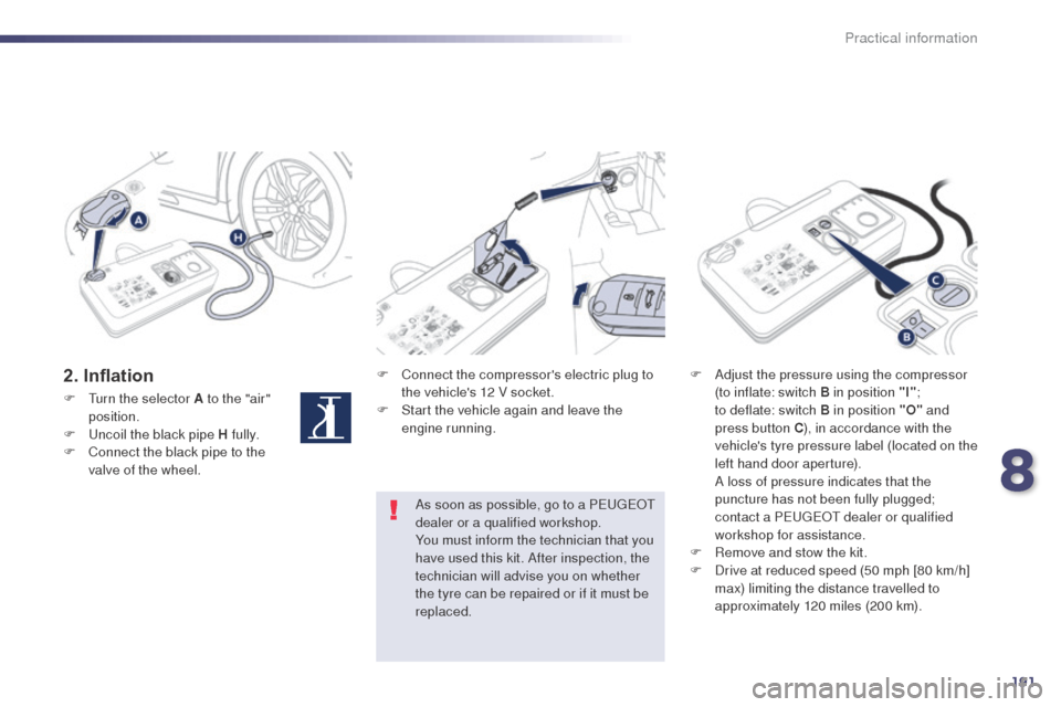 Peugeot 508 RXH 2014  Owners Manual 191
508RXH_en_Chap08_info-pratiques_ed01-2014
2. InflationF Connect the compressors electric plug to the vehicles 12 V socket.
F
 
S
 tart the vehicle again and leave the 
engine running. F
 A djust