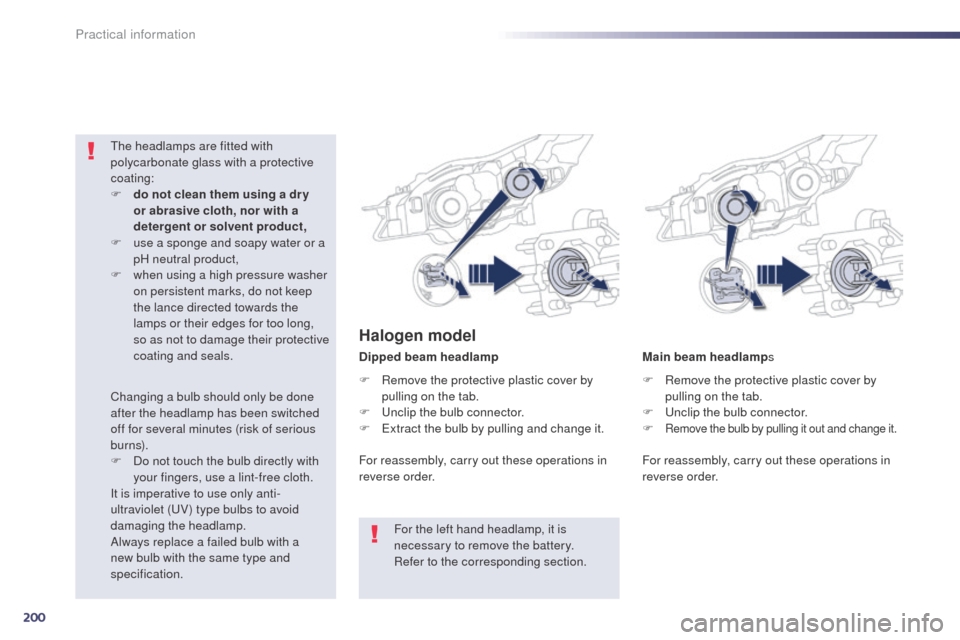 Peugeot 508 RXH 2014  Owners Manual 200
508RXH_en_Chap08_info-pratiques_ed01-2014
Main beam headlamps
Dipped beam headlamp
th

e headlamps are fitted with 
polycarbonate glass with a protective 
coating:
F
 
d

o not clean them using a 