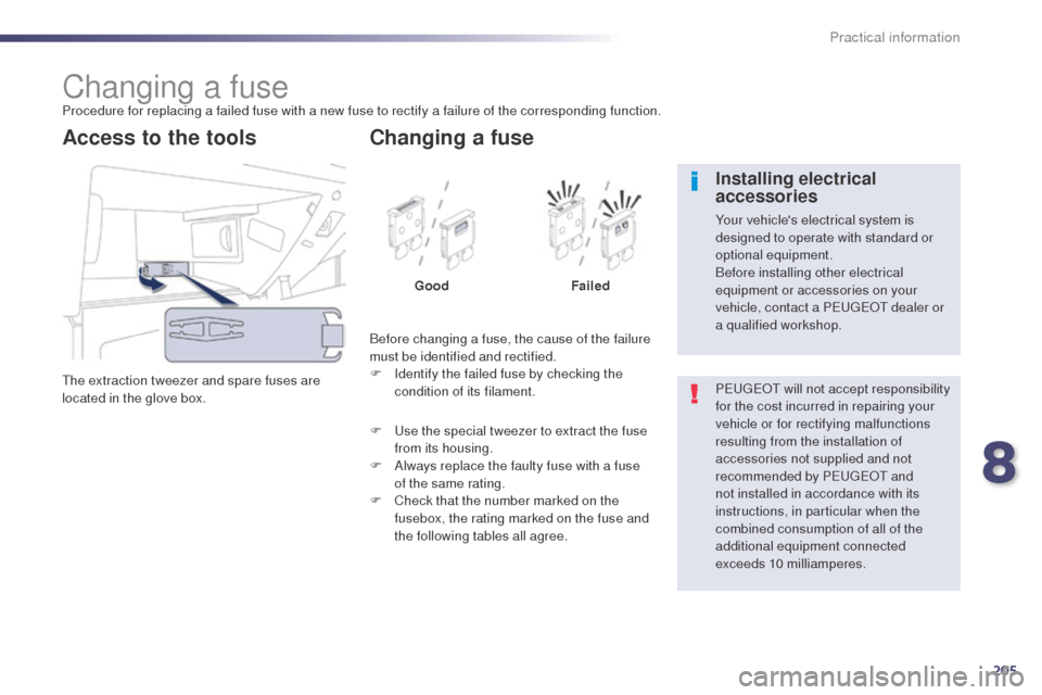 Peugeot 508 RXH 2014 Owners Manual 205
508RXH_en_Chap08_info-pratiques_ed01-2014
Changing a fuseProcedure for replacing a failed fuse with a new fuse to rectify a failure of the corresponding function.
th
e extraction tweezer and spare Peugeot 508 RXH 2014 Owners Manual 205
508RXH_en_Chap08_info-pratiques_ed01-2014
Changing a fuseProcedure for replacing a failed fuse with a new fuse to rectify a failure of the corresponding function.
th
e extraction tweezer and spare