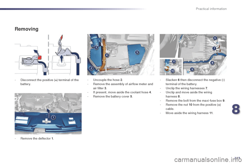 Peugeot 508 RXH 2014  Owners Manual 213
508RXH_en_Chap08_info-pratiques_ed01-2014
Removing
- Disconnect the positive (+) terminal of the 
battery.
-
 
R
 emove the deflector 1 . -
  un couple the hose 2
.
-  R emove the assembly of air 