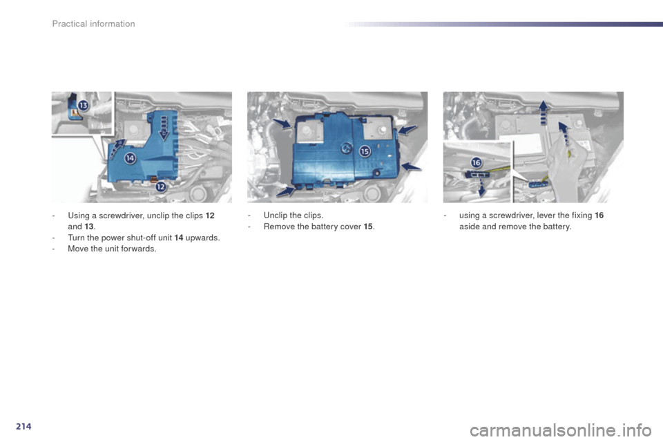 Peugeot 508 RXH 2014 Owners Manual 214
508RXH_en_Chap08_info-pratiques_ed01-2014
- using a screwdriver, unclip the clips 12
and 13.
-
t
u
rn the power shut-off unit 14 upwards.
-
M
ove the unit for wards. -
un clip the cli Peugeot 508 RXH 2014 Owners Manual 214
508RXH_en_Chap08_info-pratiques_ed01-2014
- using a screwdriver, unclip the clips 12
and 13.
-
t
u
rn the power shut-off unit 14 upwards.
-
M
ove the unit for wards. -
un clip the cli