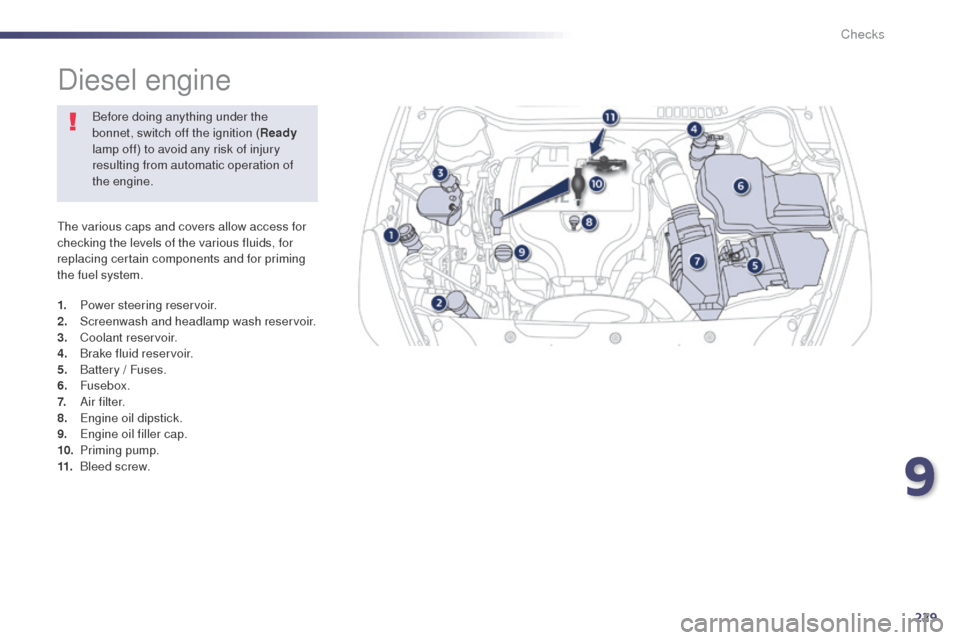 Peugeot 508 RXH 2014  Owners Manual 229
508RXH_en_Chap09_verifications_ed01-2014
the various caps and covers allow access for 
checking the levels of the various fluids, for 
replacing certain components and for priming 
the fuel system