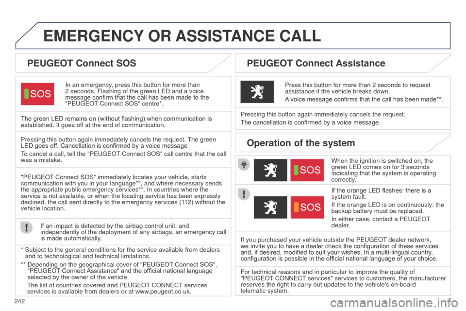 Peugeot 508 RXH 2014 User Guide 242
508RXH_en_Chap11a_BtA_ed01-2014
EMERGENCY OR  ASSIST ANCE   CALL
In an emergency, press this button for more than 
2
  seconds. Flashing of the green L e D and a voice 
message confirm that the ca