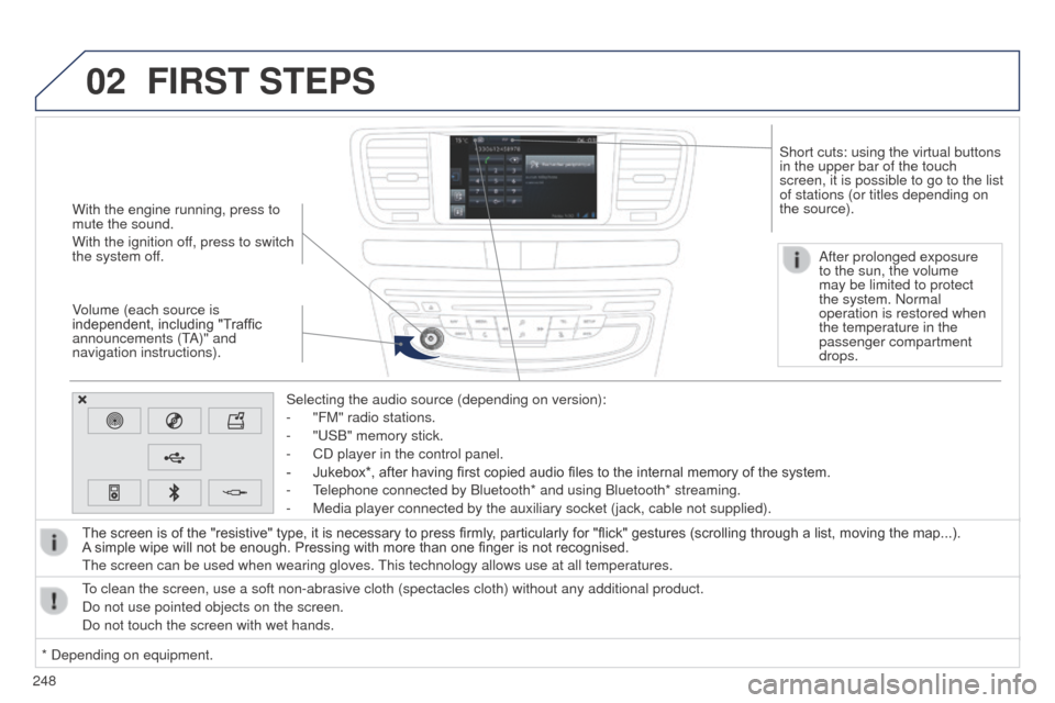 Peugeot 508 RXH 2014  Owners Manual 248
02
508RXH_en_Chap11c_SMegplus-i_ed01-2014
With the engine running, press to 
mute the sound.
With the ignition off, press to switch 
the system off.
Volume (each source is 
independent, including 