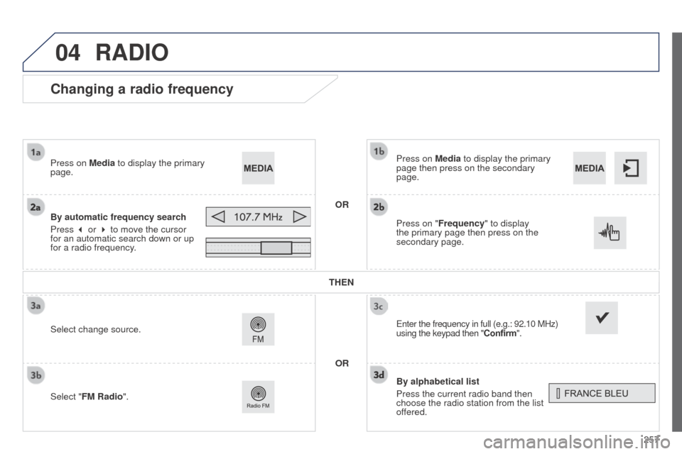 Peugeot 508 RXH 2014  Owners Manual 257
04
508RXH_en_Chap11c_SMegplus-i_ed01-2014
Changing a radio frequency
By alphabetical list
Press the current radio band then 
choose the radio station from the list 
offered. Press on Media to disp