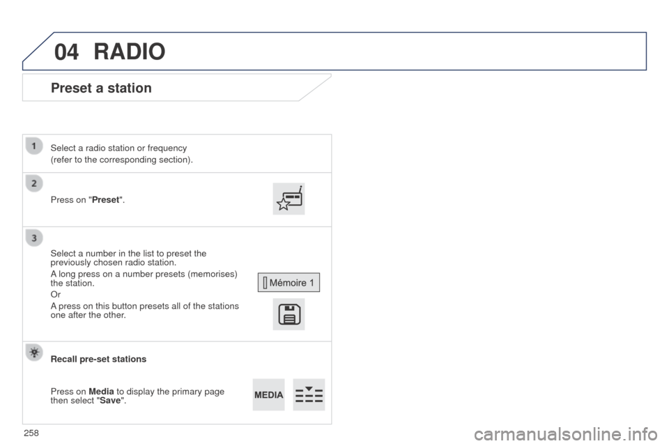 Peugeot 508 RXH 2014  Owners Manual 04
258
508RXH_en_Chap11c_SMegplus-i_ed01-2014
Preset a station
Press on "Preset".
Select a radio station or frequency
(refer to the corresponding section).
Select a number in the list to preset the 
p