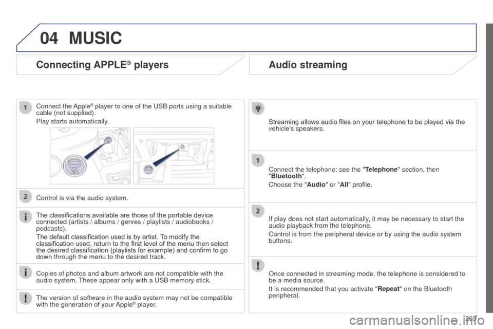 Peugeot 508 RXH 2014  Owners Manual 263
04
508RXH_en_Chap11c_SMegplus-i_ed01-2014
Audio streaming
Streaming allows audio files on your telephone to be played via the 
vehicles speakers.
Connect the telephone: see the "Telephone" sectio