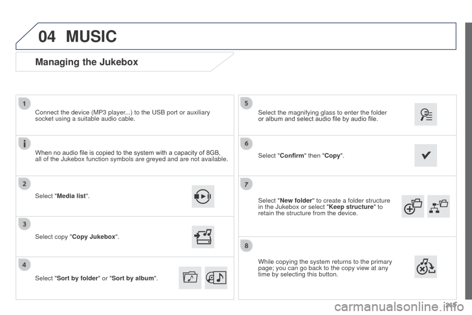 Peugeot 508 RXH 2014 Owners Manual 265
04
508RXH_en_Chap11c_SMegplus-i_ed01-2014
Select "New folder" to create a folder structure
in the Jukebox or select "Keep structure" to
retain the structure from the device. Select the magnifyin Peugeot 508 RXH 2014 Owners Manual 265
04
508RXH_en_Chap11c_SMegplus-i_ed01-2014
Select "New folder" to create a folder structure
in the Jukebox or select "Keep structure" to
retain the structure from the device. Select the magnifyin