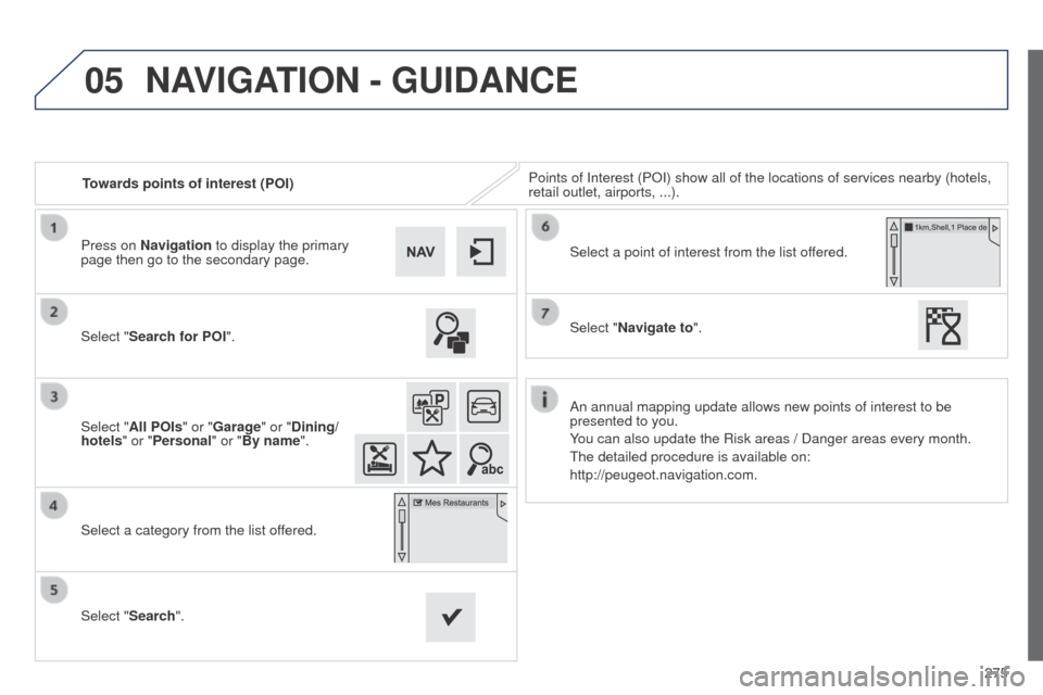 Peugeot 508 RXH 2014  Owners Manual 275
05
508RXH_en_Chap11c_SMegplus-i_ed01-2014
Towards points of interest (POI)Points of Interest (POI) show all of the locations of services nearby \
(hotels, 
retail outlet, airports, ...).
Select "S