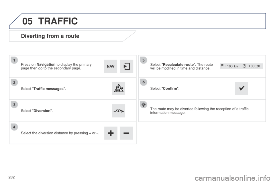 Peugeot 508 RXH 2014  Owners Manual 05
282
508RXH_en_Chap11c_SMegplus-i_ed01-2014
Diverting from a route
Press on Navigation to display the primary 
page then go to the secondary page.
Select "Traffic messages".
Select "Diversion".
Sele